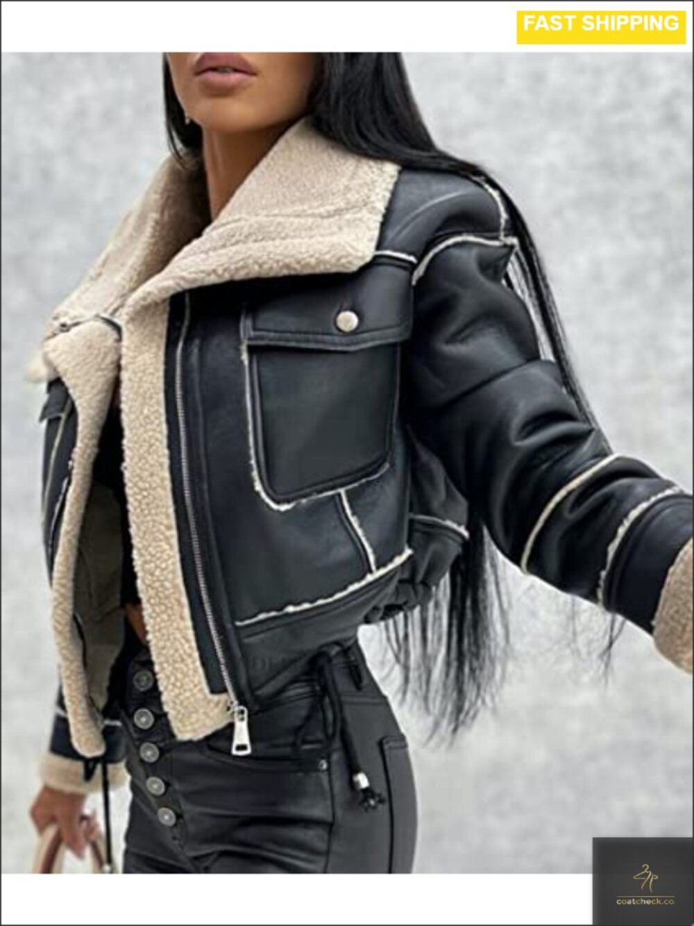 Faux Leather Moto Bomber Jacket Sherpa-Lined Faux Shearing Winter Coat - Picture 3 of 4